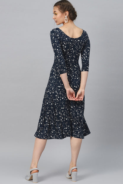 Women's Navy Floral Flared Midi