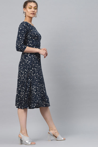 Women's Navy Floral Flared Midi
