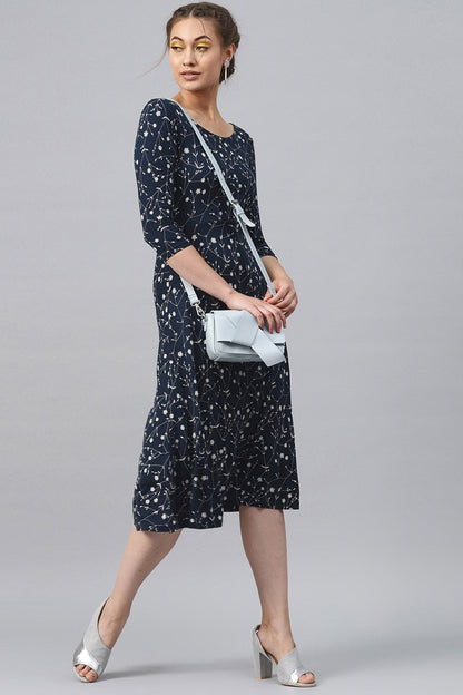 Women's Navy Floral Flared Midi