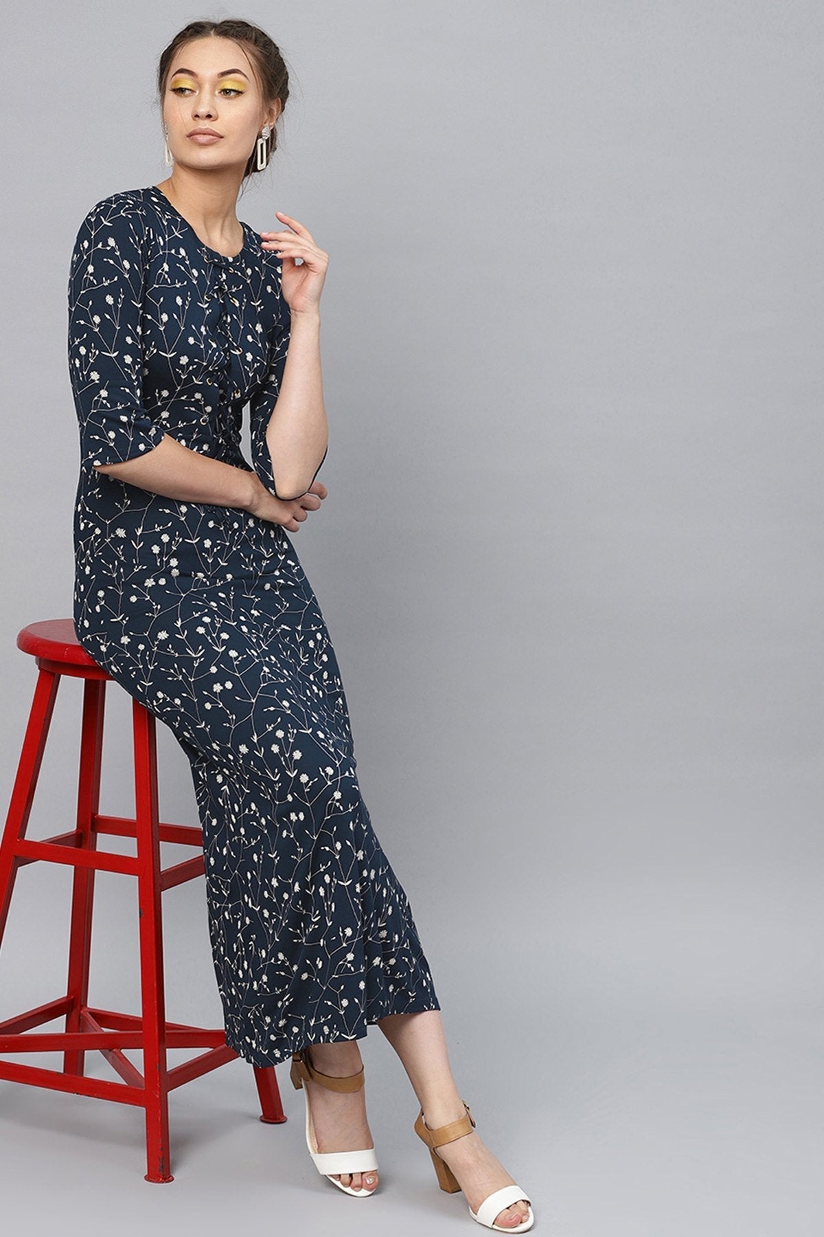 Women's Navy Floral Eyelet Detail Maxi