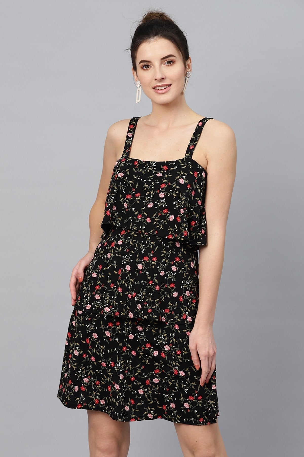 Women's Black Floral Strappy Tiered Dress