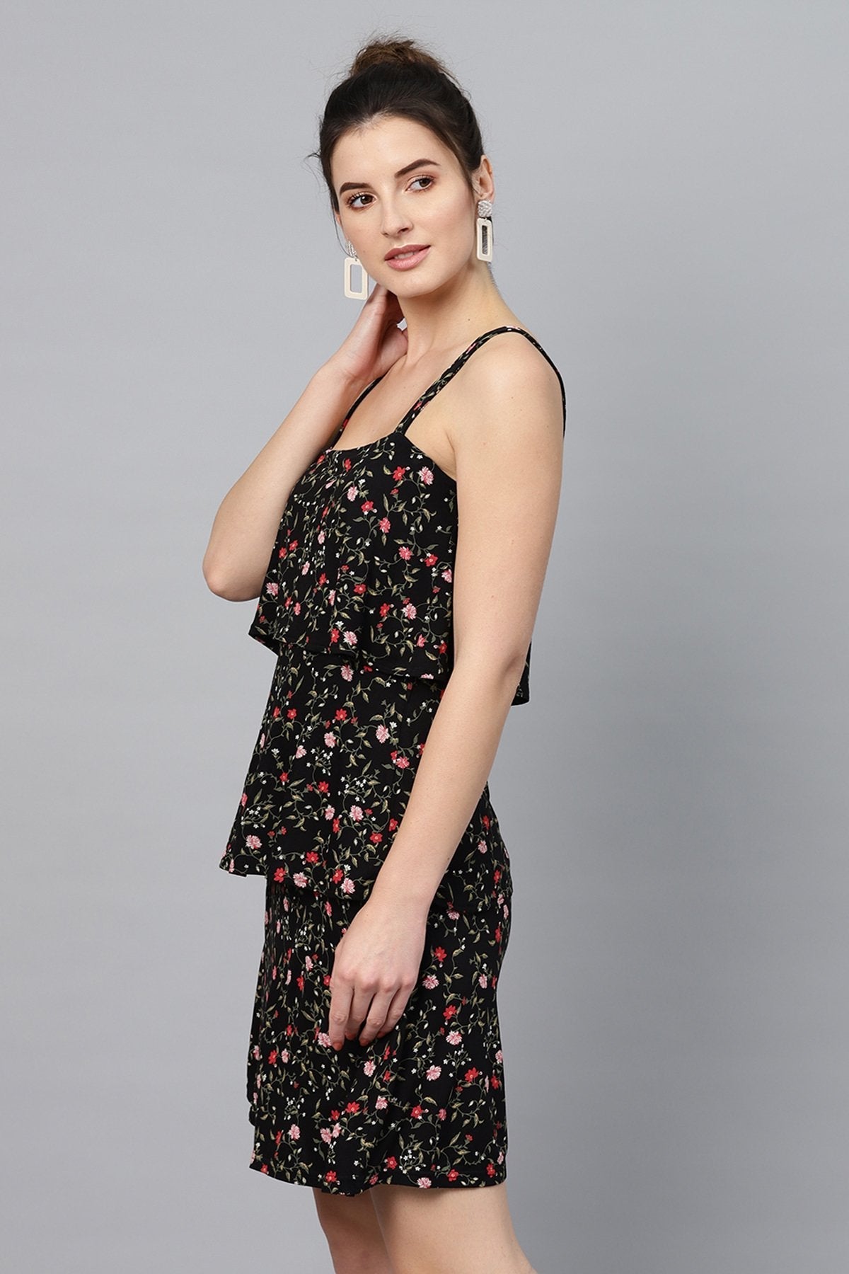 Women's Black Floral Strappy Tiered Dress