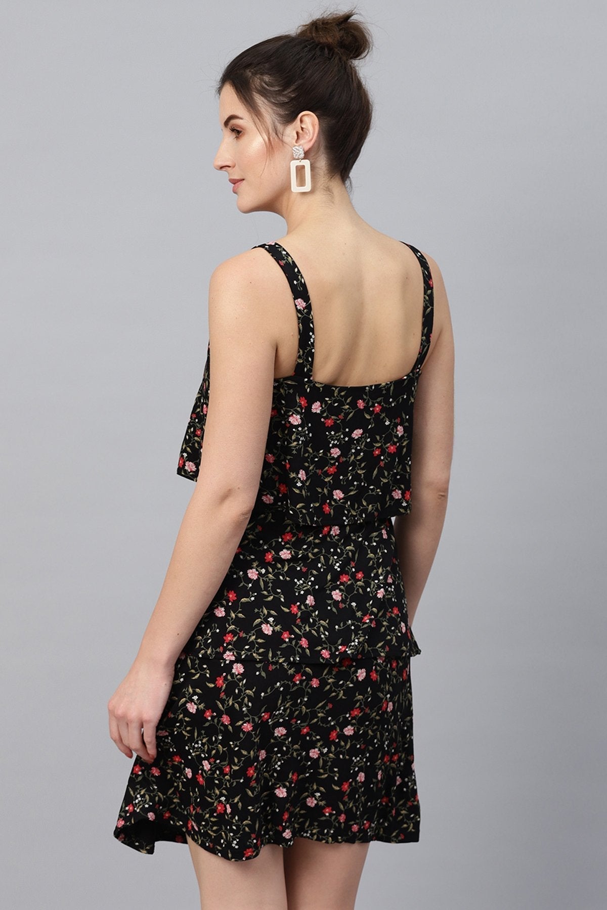 Women's Black Floral Strappy Tiered Dress