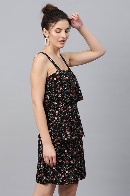 Women's Black Floral Strappy Tiered Dress