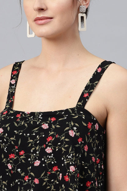 Women's Black Floral Strappy Tiered Dress