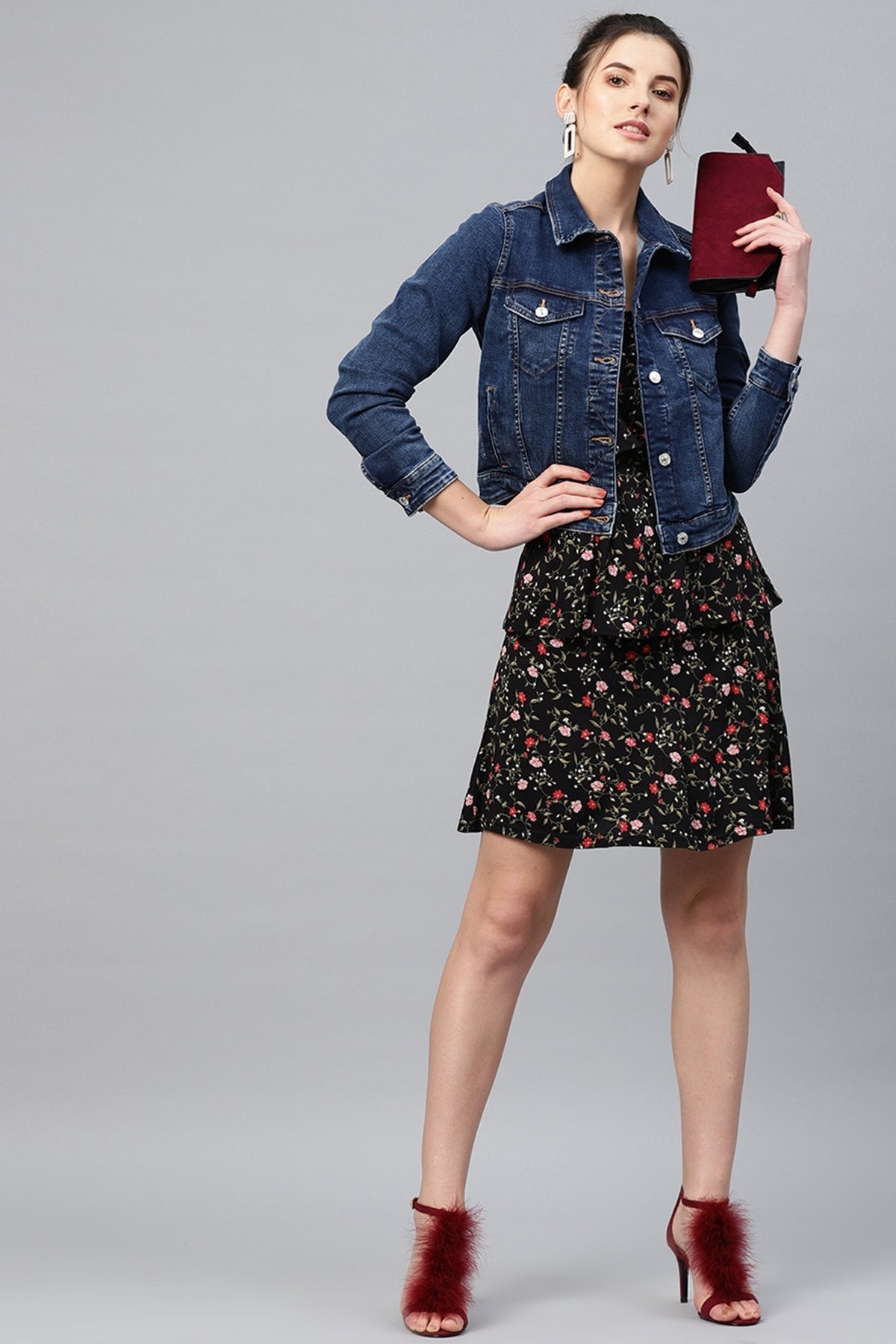 Women's Black Floral Strappy Tiered Dress