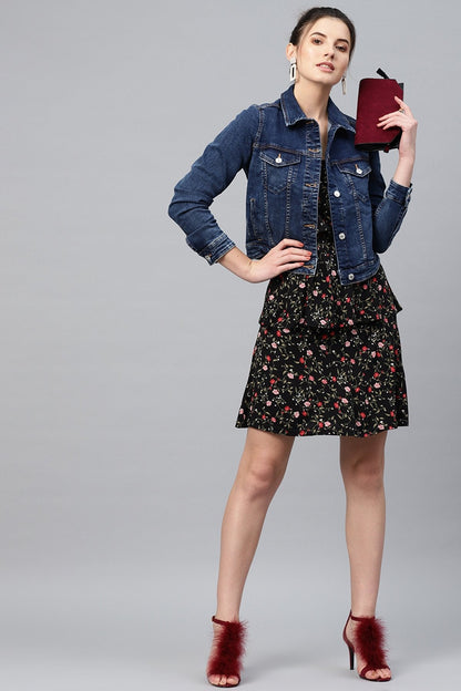 Women's Black Floral Strappy Tiered Dress
