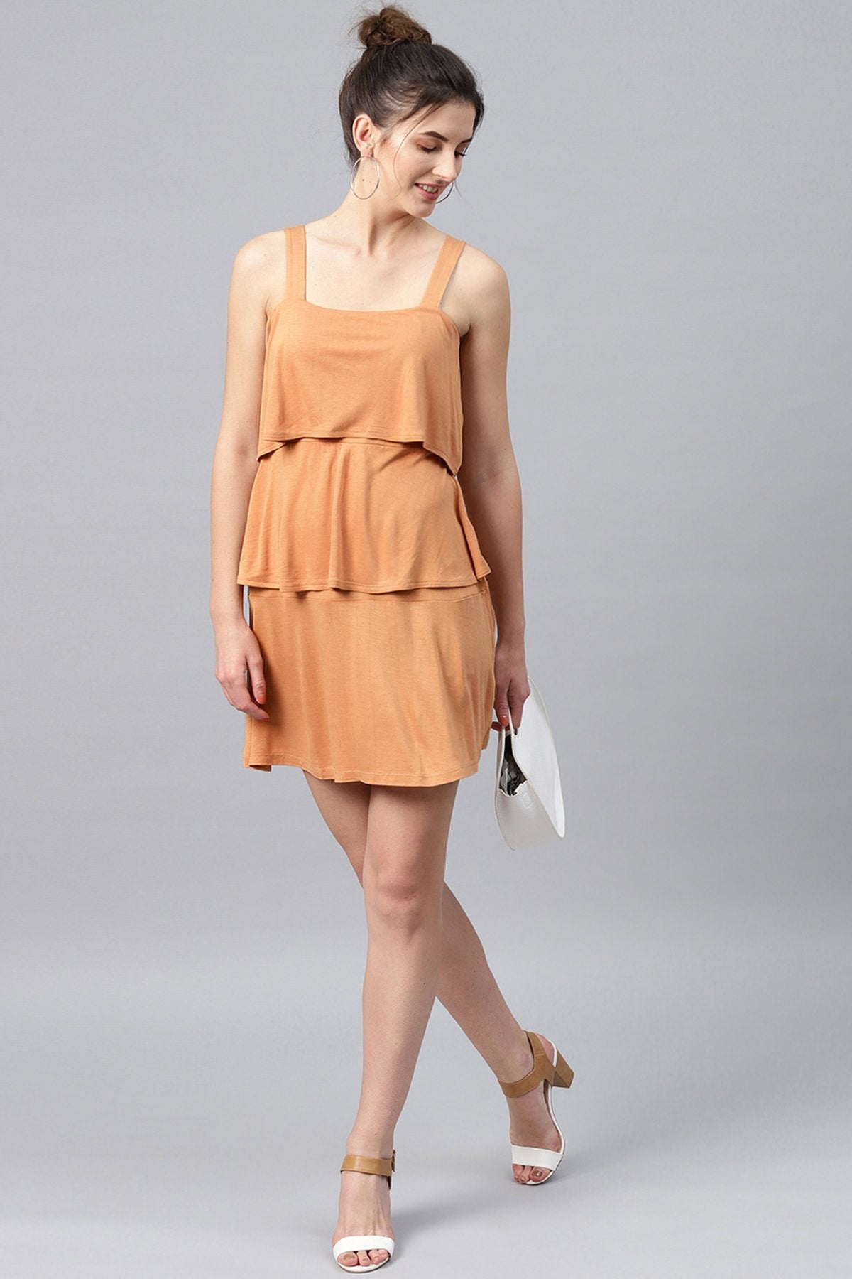 Women's Brown Strappy Tiered Dress