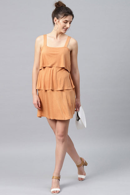 Women's Brown Strappy Tiered Dress