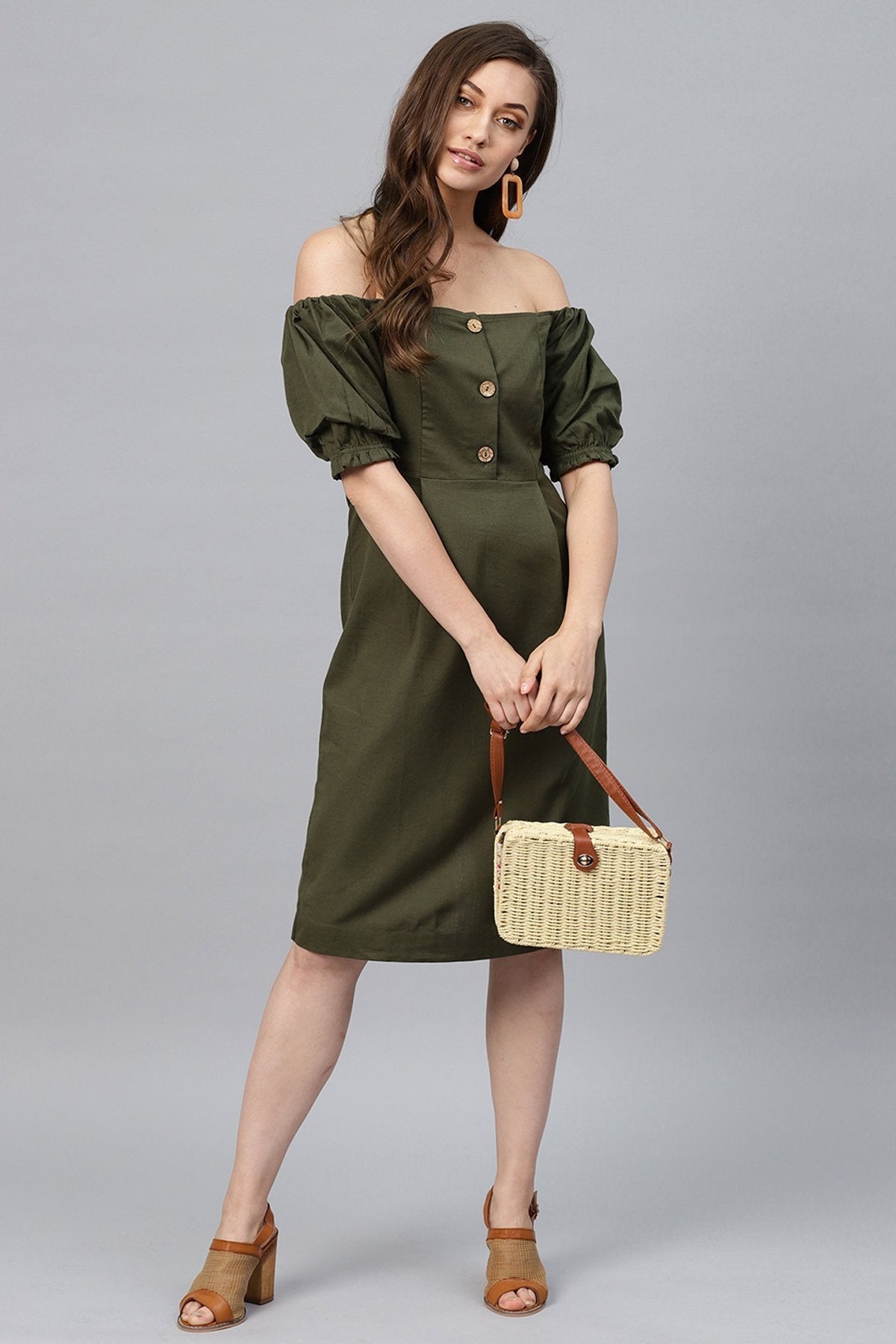 Women's Olive Off Shoulder Midi