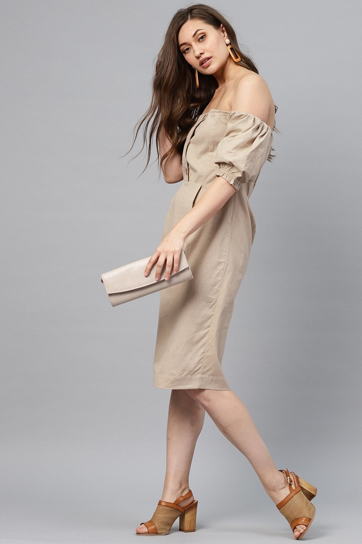 Women's Beige Off Shoulder Midi