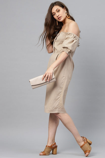 Women's Beige Off Shoulder Midi