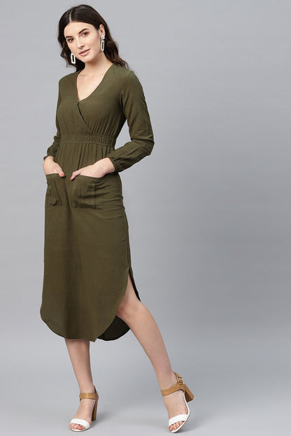Women's Olive Wrap Front Midi