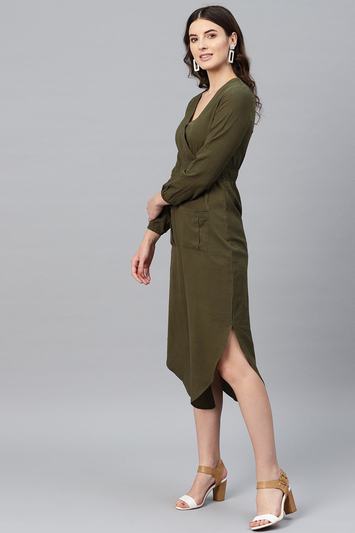 Women's Olive Wrap Front Midi