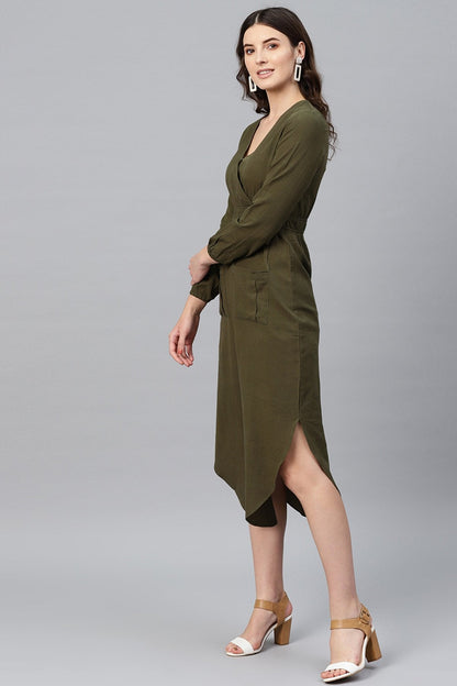 Women's Olive Wrap Front Midi
