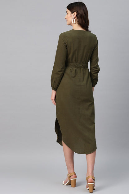 Women's Olive Wrap Front Midi