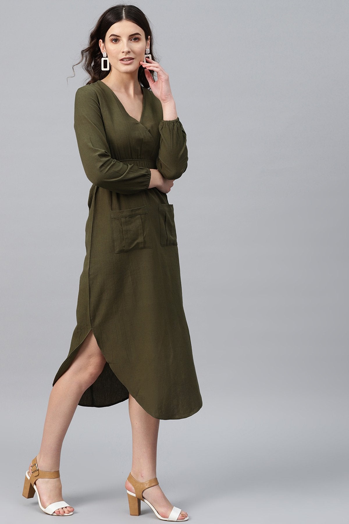 Women's Olive Wrap Front Midi