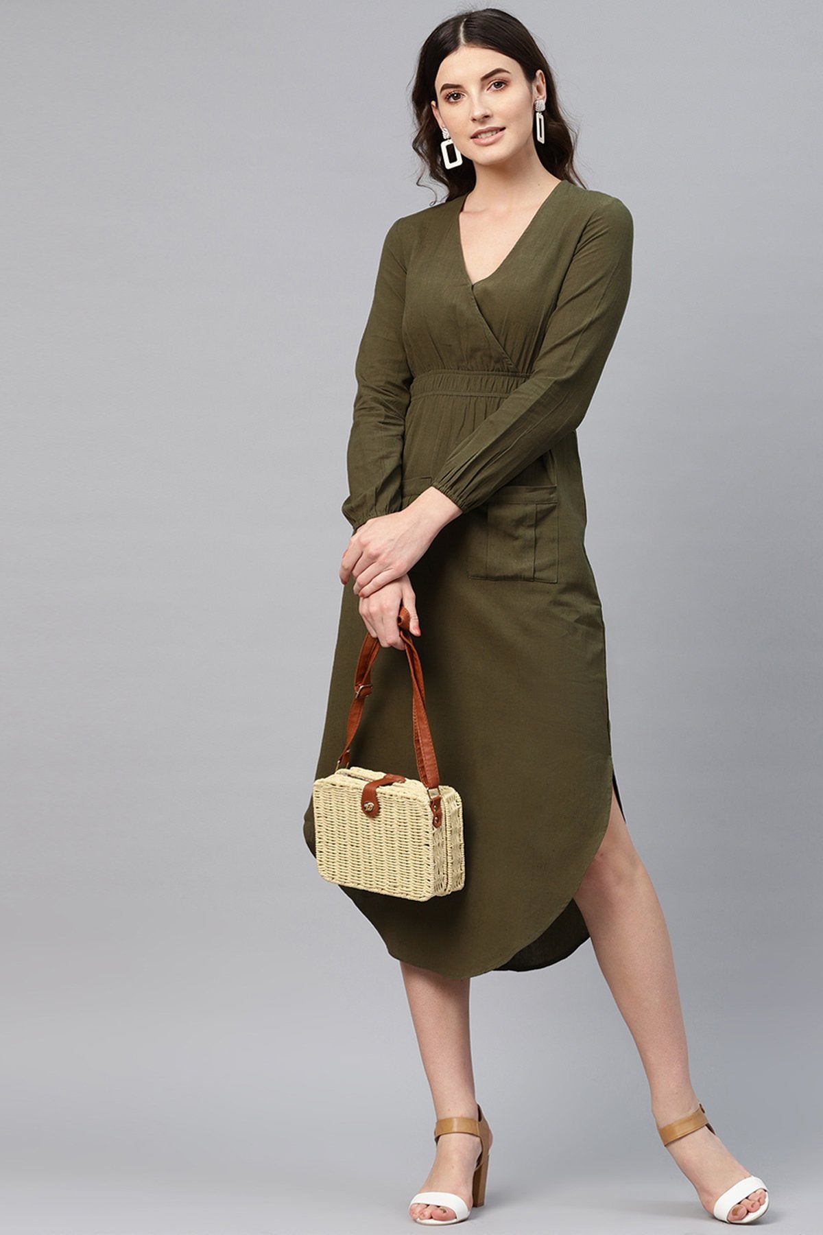 Women's Olive Wrap Front Midi