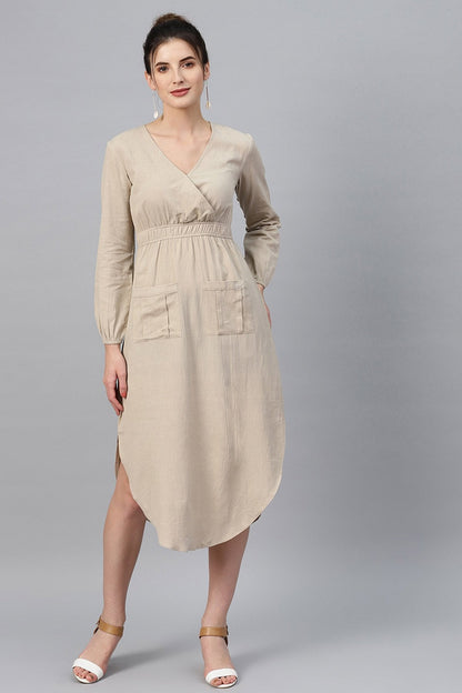 Women's Beige Wrap Front Midi