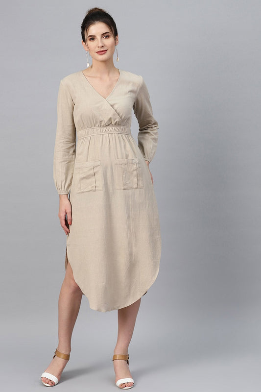 Women's Beige Wrap Front Midi