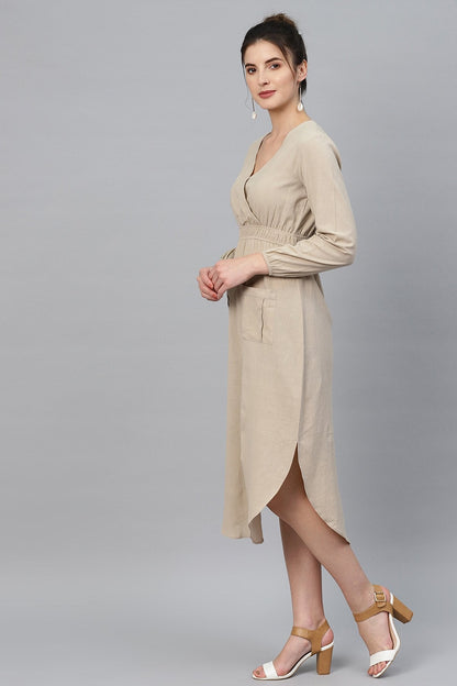 Women's Beige Wrap Front Midi