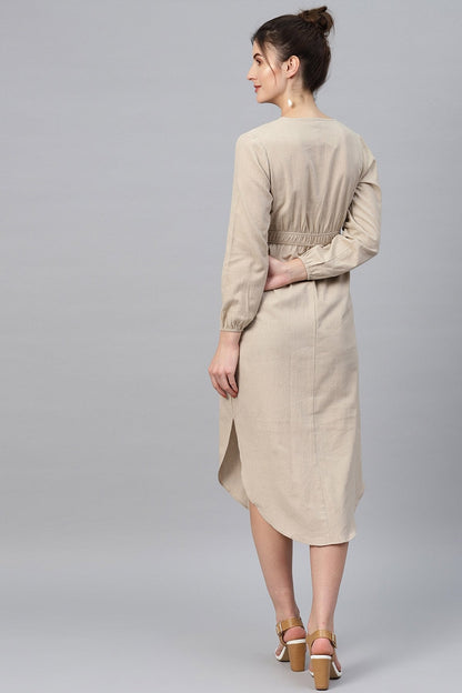 Women's Beige Wrap Front Midi