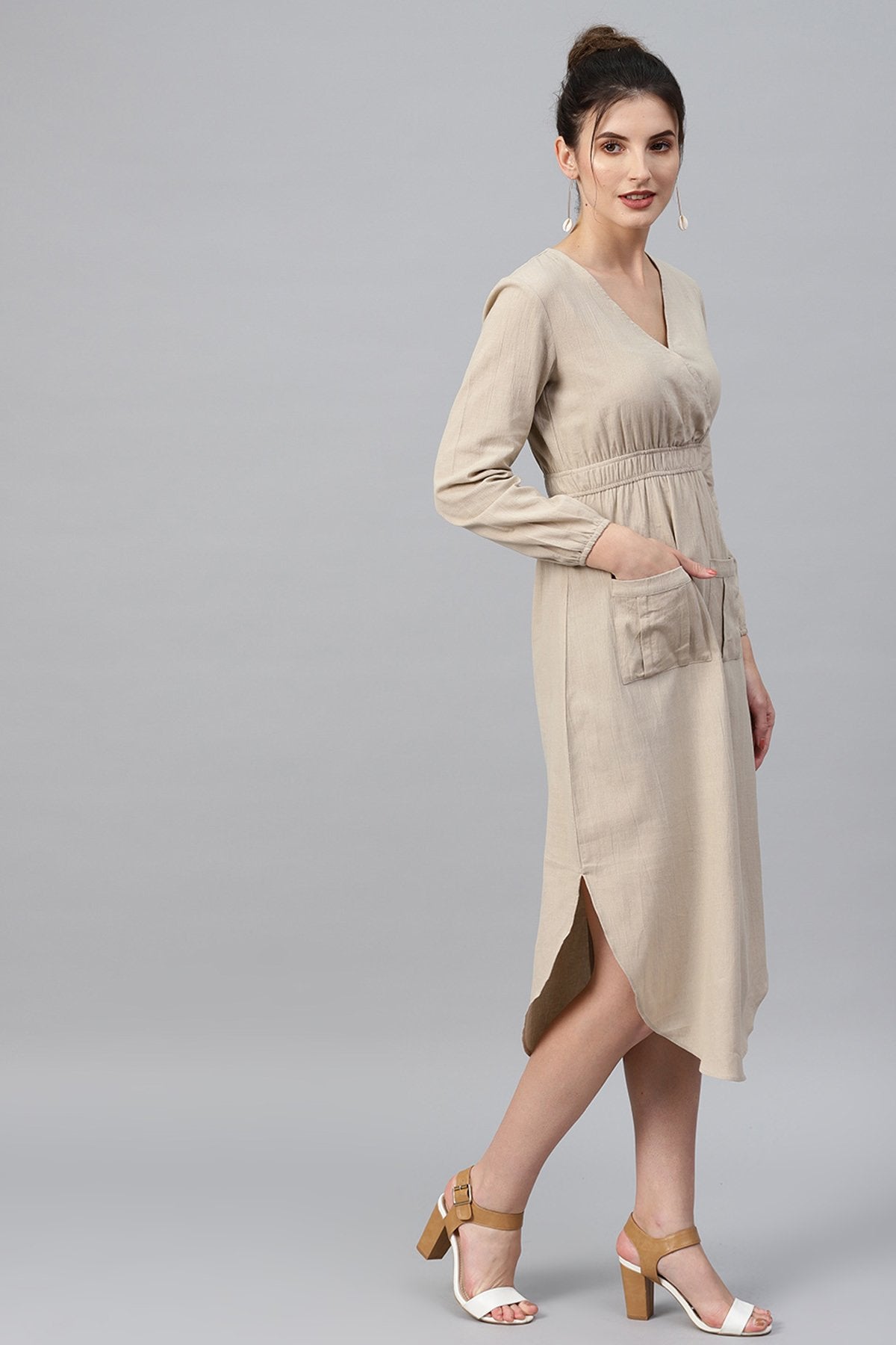 Women's Beige Wrap Front Midi