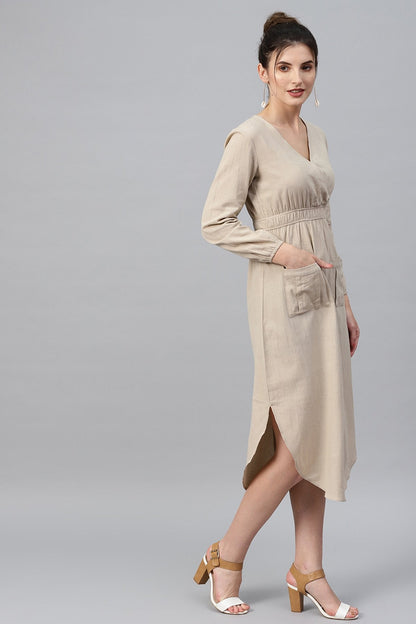 Women's Beige Wrap Front Midi