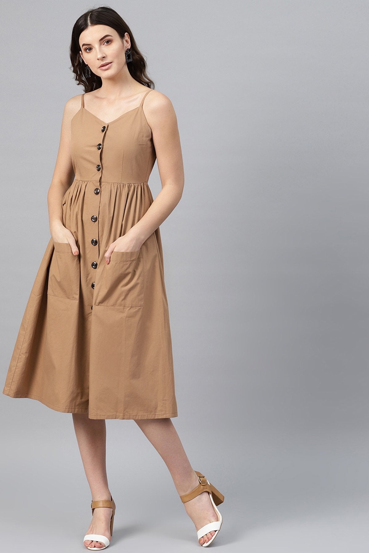 Women's Brown Front Open Strappy Dress