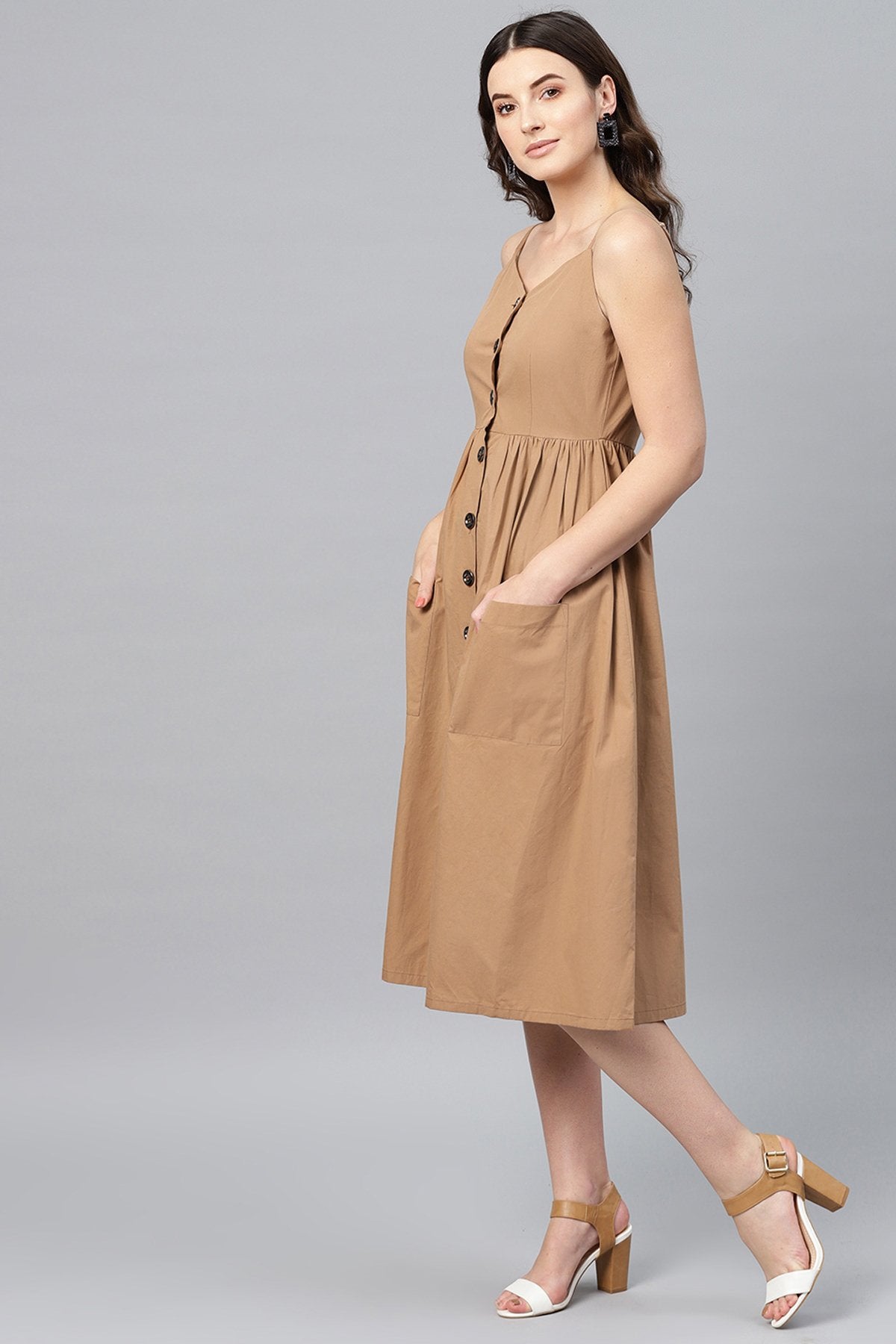 Women's Brown Front Open Strappy Dress