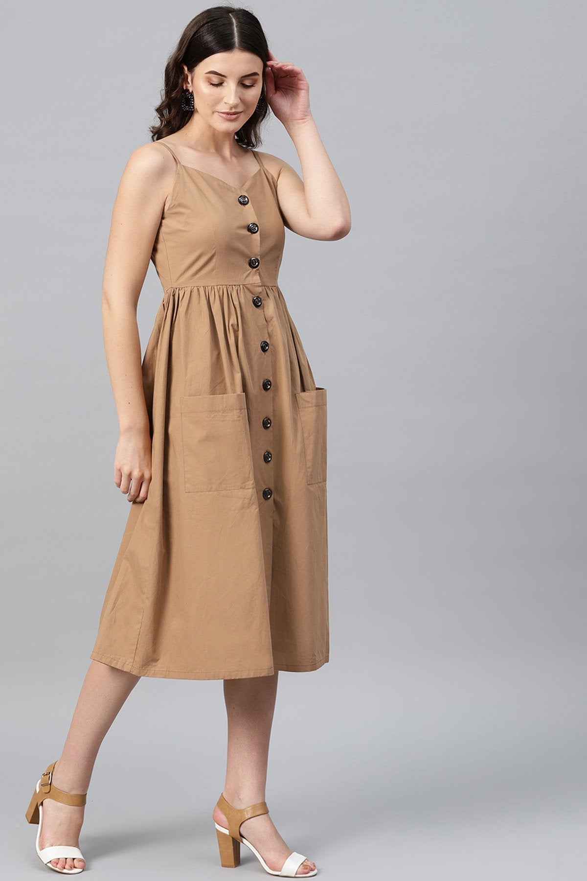 Women's Brown Front Open Strappy Dress