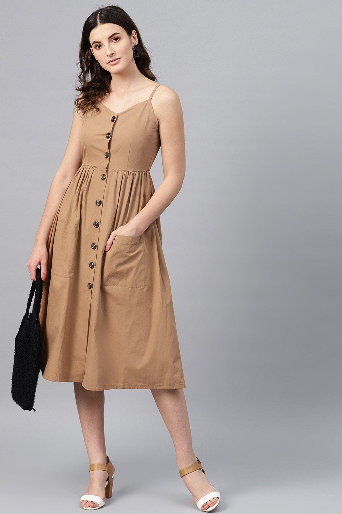 Women's Brown Front Open Strappy Dress
