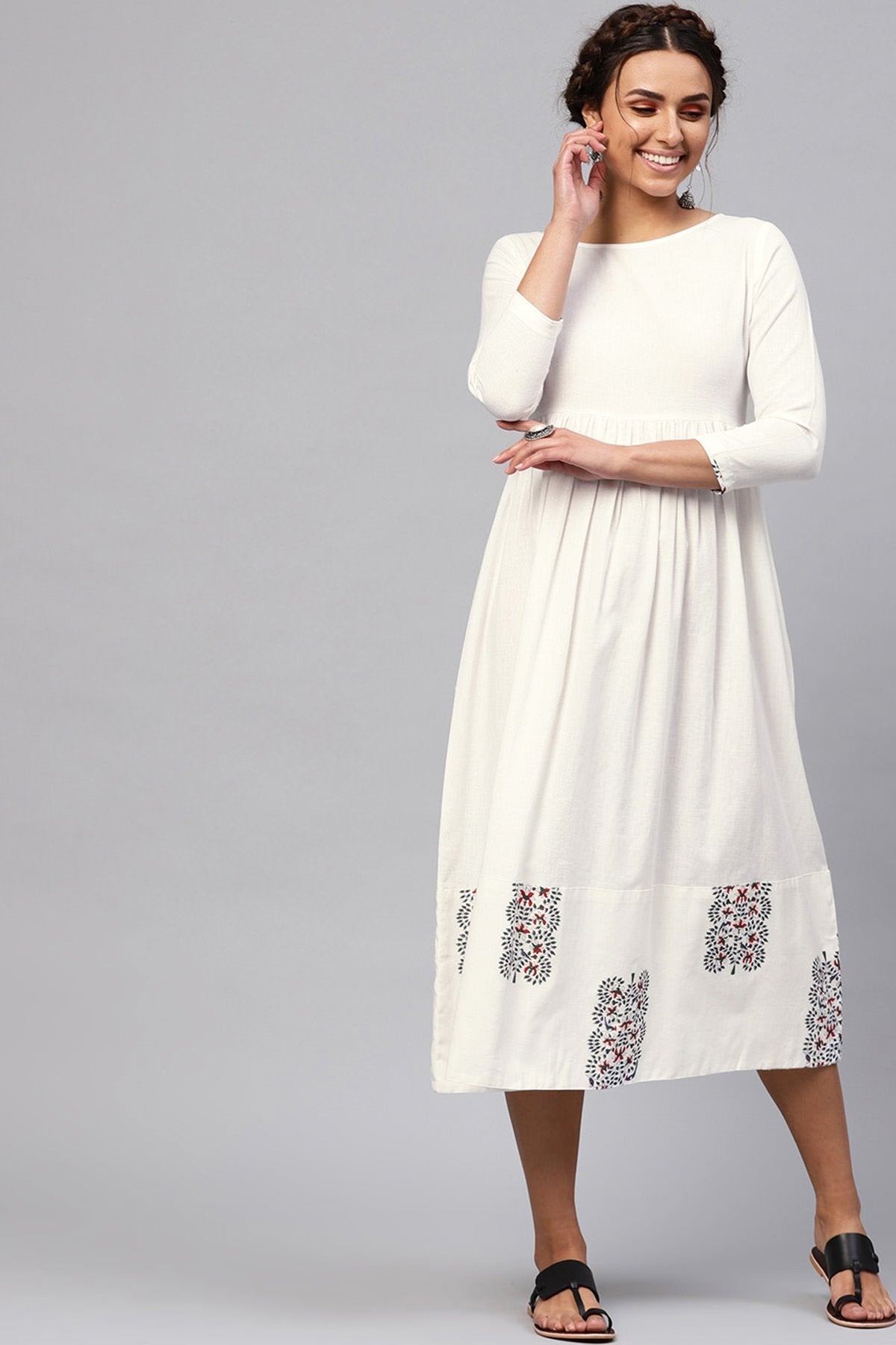 Women's White Bird Print Gathered Midi