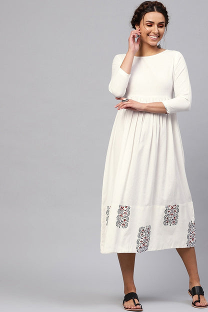 Women's White Bird Print Gathered Midi