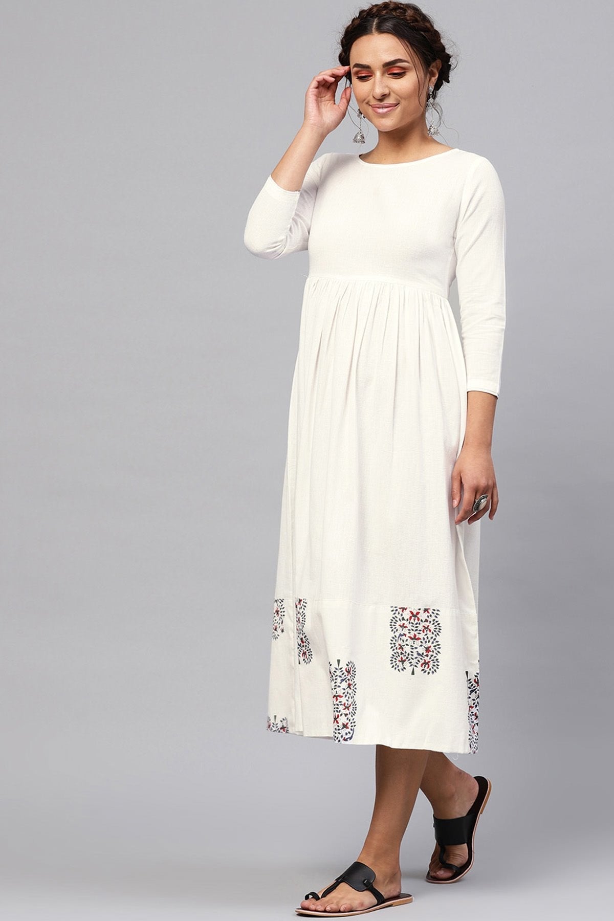 Women's White Bird Print Gathered Midi