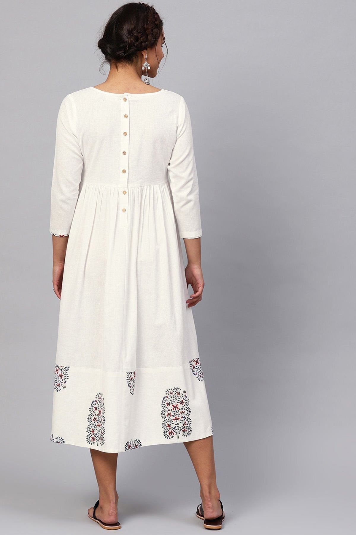 Women's White Bird Print Gathered Midi
