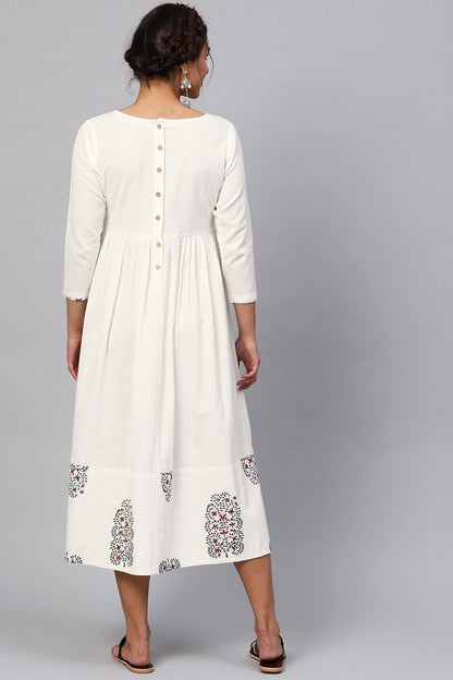 Women's White Bird Print Gathered Midi