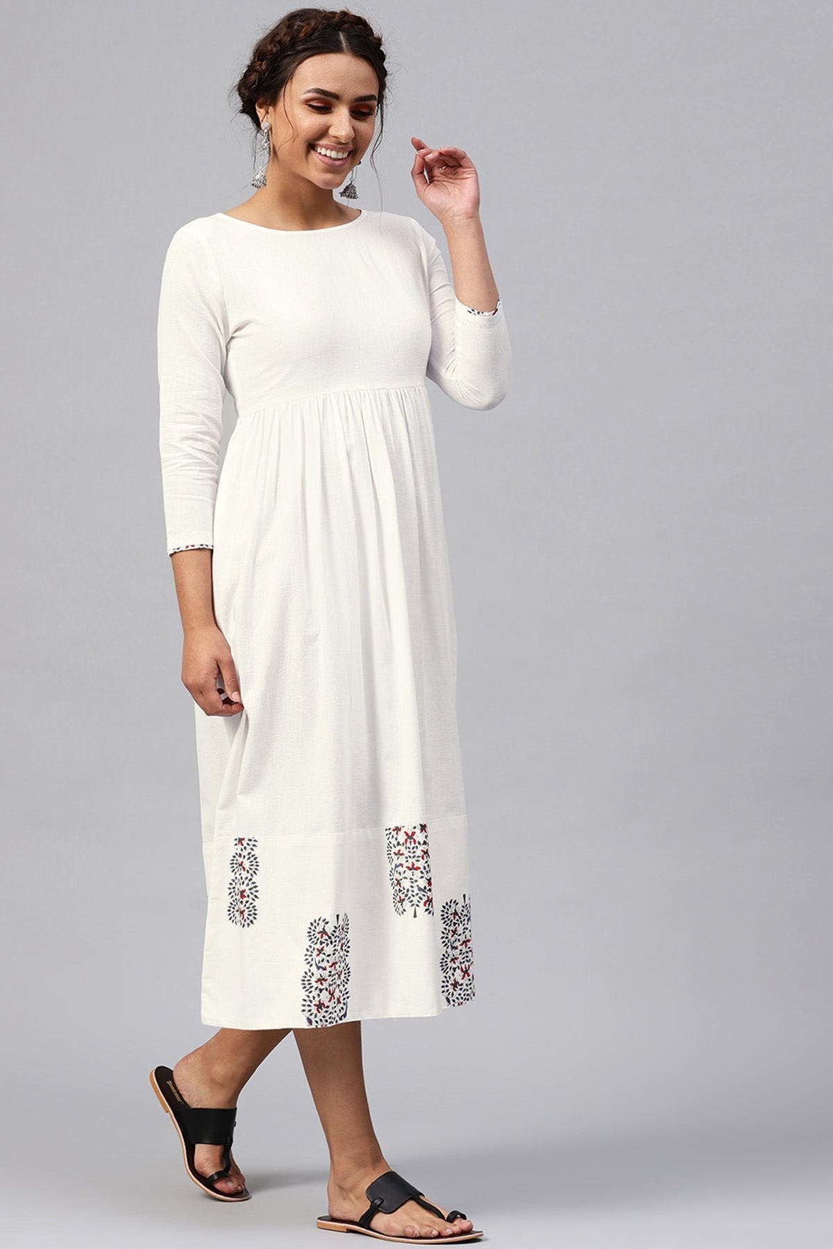 Women's White Bird Print Gathered Midi