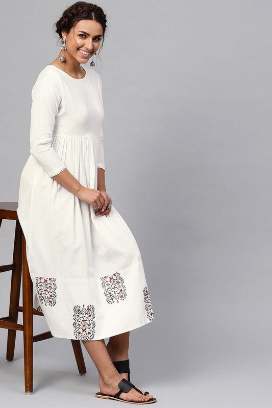 Women's White Bird Print Gathered Midi