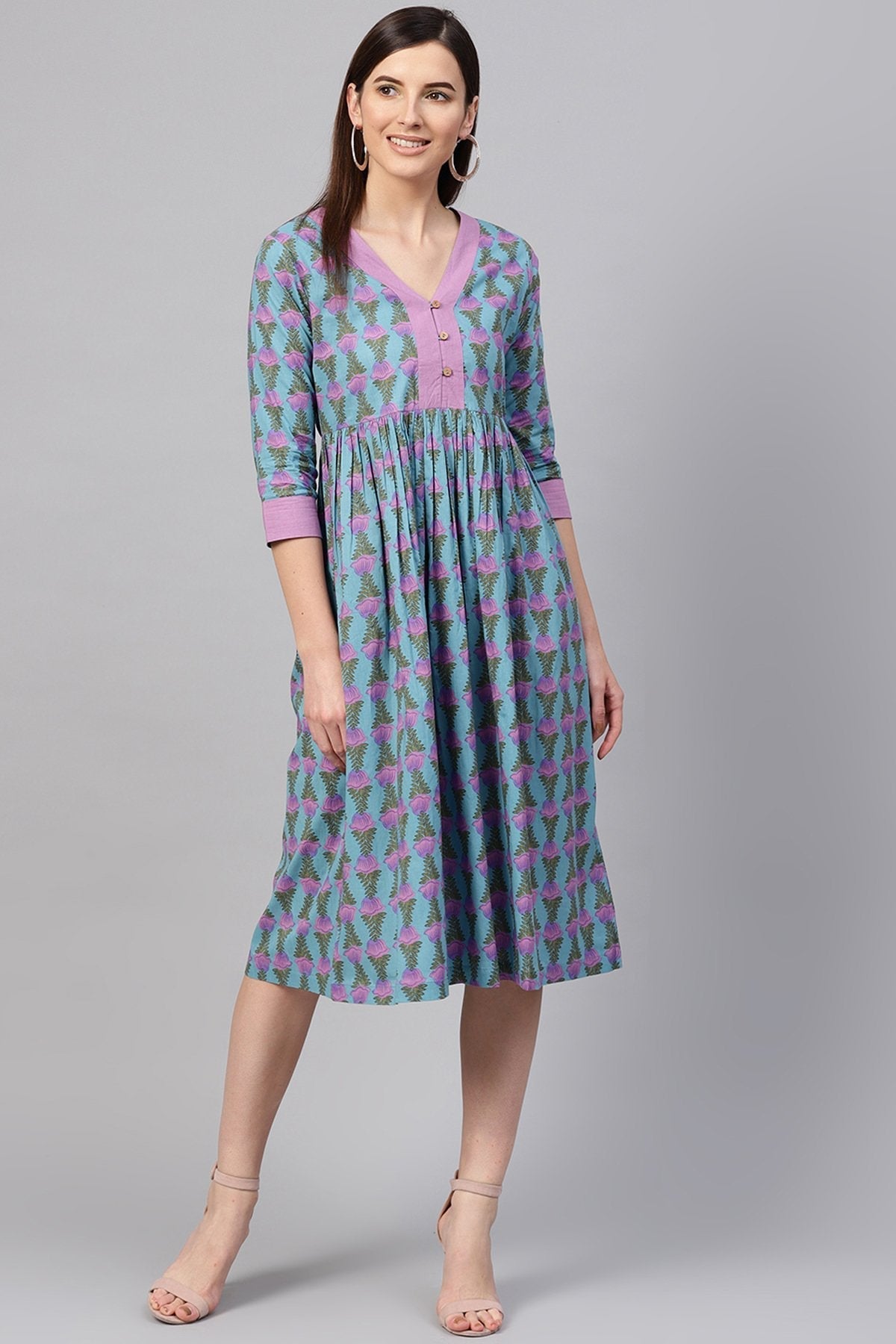 Women's Blue & Purple Tulip Print Gathered Waist Dress