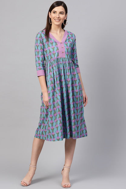 Women's Blue & Purple Tulip Print Gathered Waist Dress