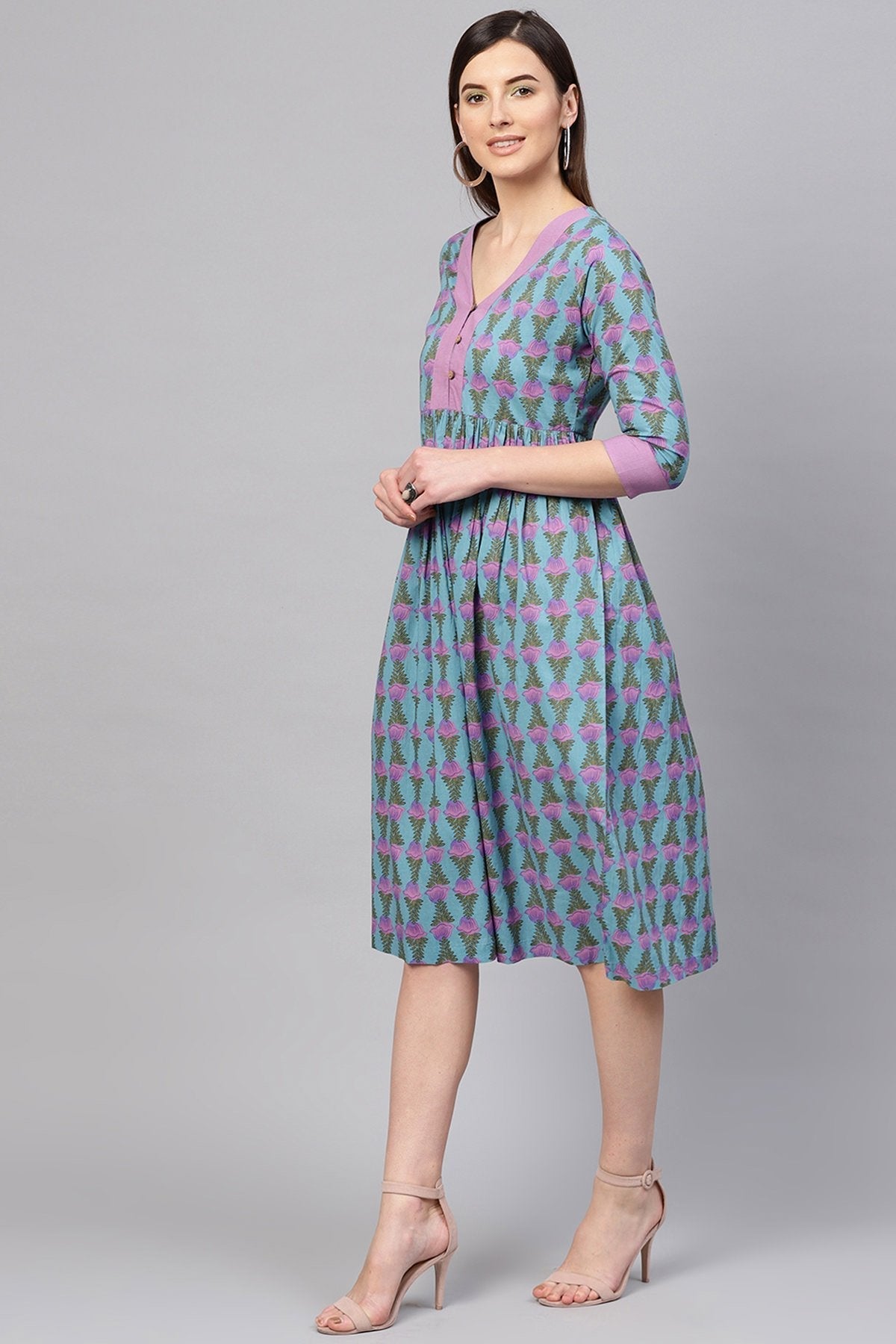Women's Blue & Purple Tulip Print Gathered Waist Dress