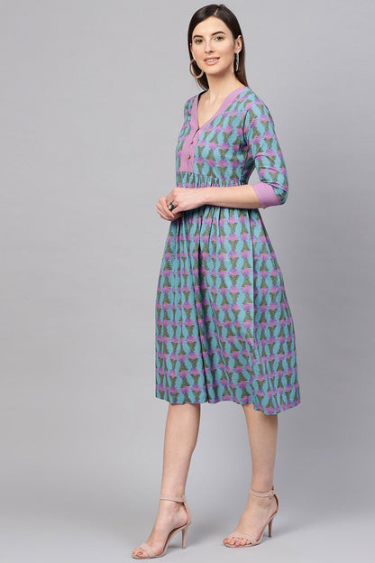Women's Blue & Purple Tulip Print Gathered Waist Dress