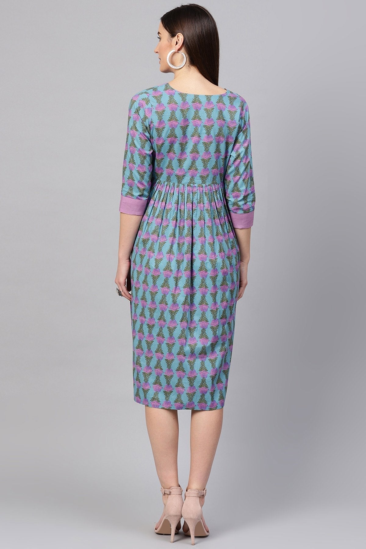 Women's Blue & Purple Tulip Print Gathered Waist Dress