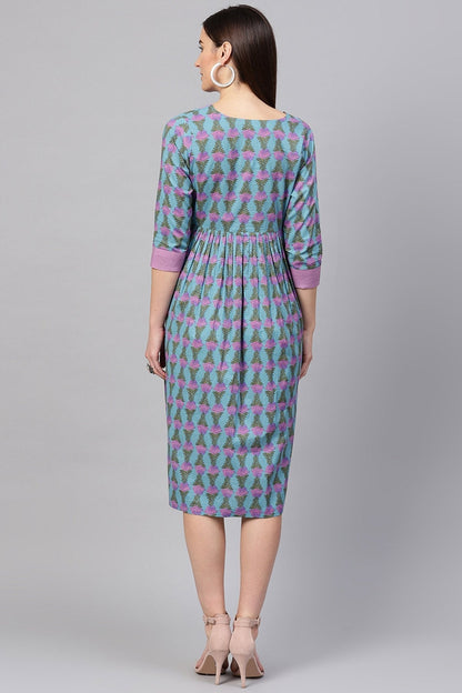 Women's Blue & Purple Tulip Print Gathered Waist Dress