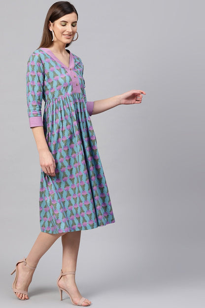 Women's Blue & Purple Tulip Print Gathered Waist Dress