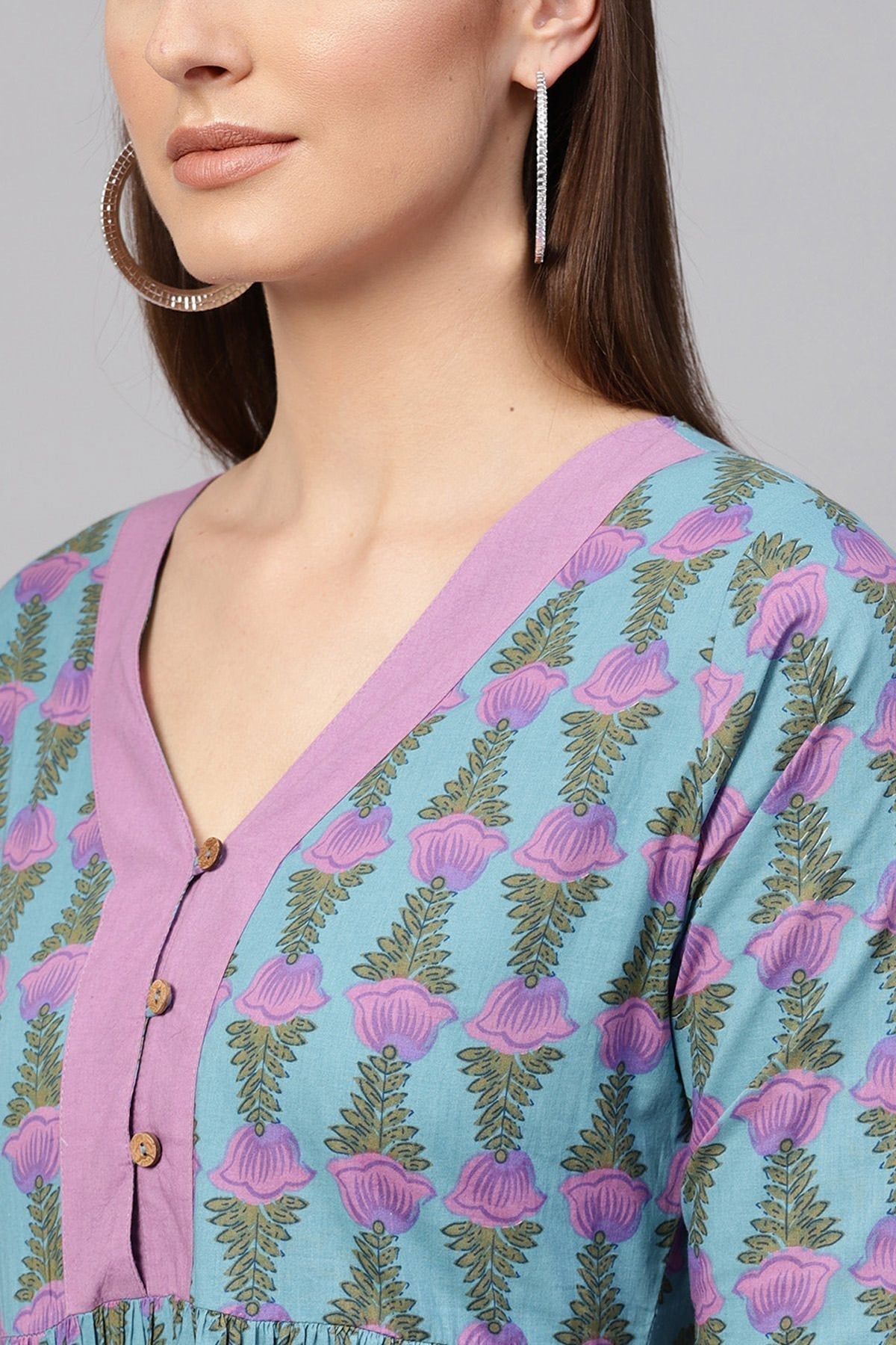 Women's Blue & Purple Tulip Print Gathered Waist Dress