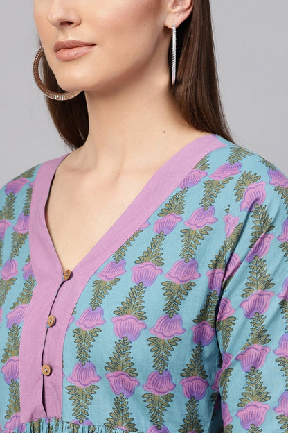 Women's Blue & Purple Tulip Print Gathered Waist Dress