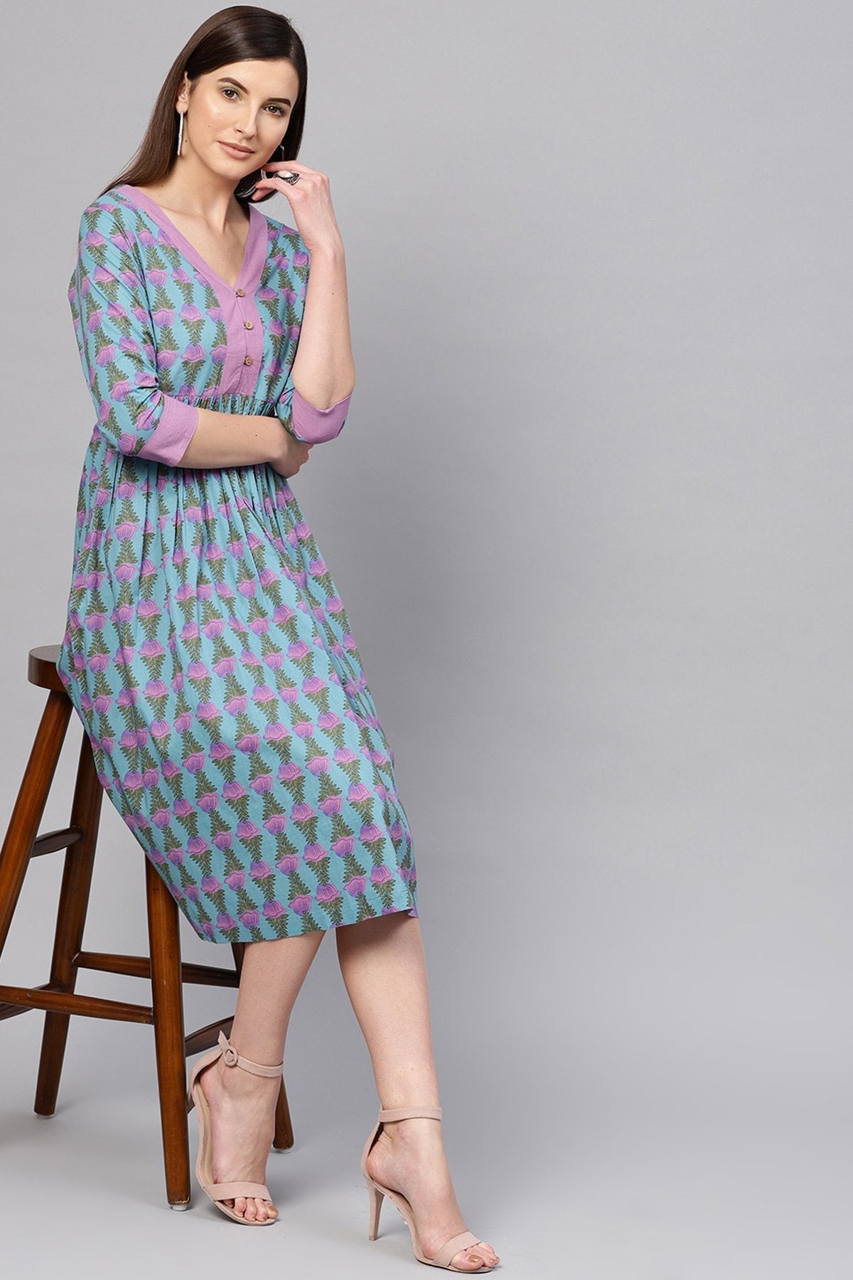 Women's Blue & Purple Tulip Print Gathered Waist Dress