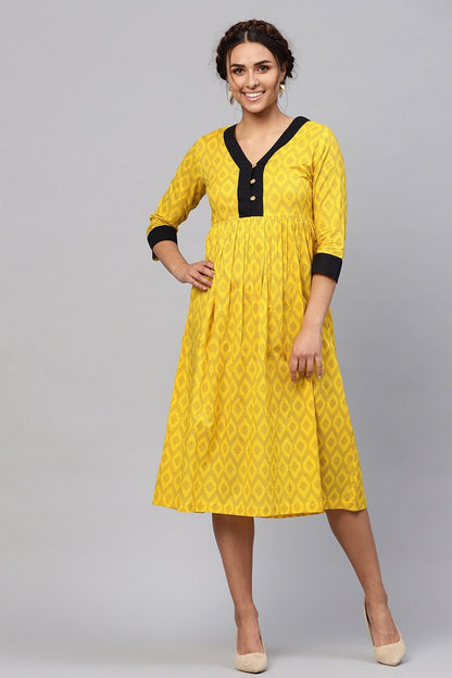 Women's Black & Yellow Ikat Gathered Waist Dress